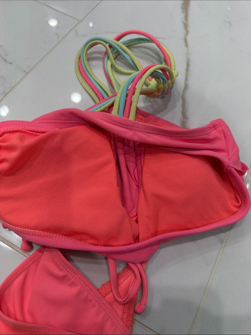 Neon Pink & Tropical Print Bikini Set - Two Tops + Bottom Small - Picture 7 of 9